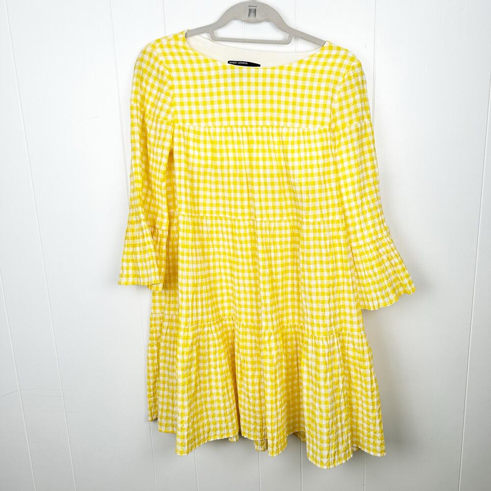 Maggy London Yellow and White Gingham 3/4 Sleeve Tiered Dress 4